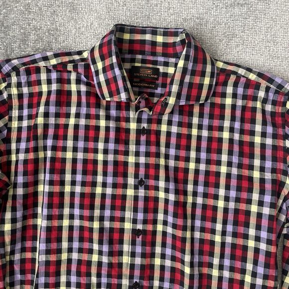 Steven Land Shirt Mens 16.5 34/35 Red Purple Yellow Black Checkered Plaid Modern - Picture 2 of 8